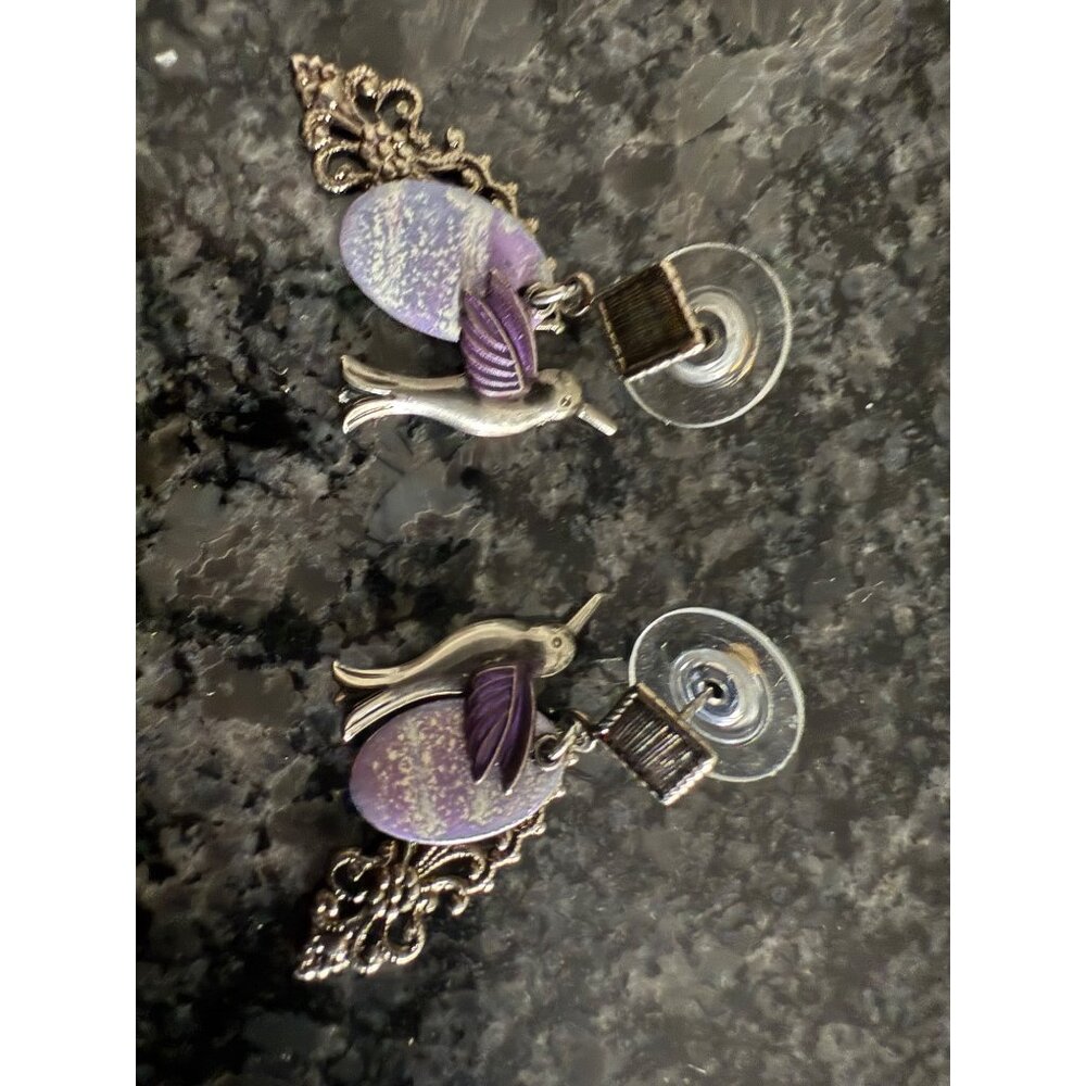 Silver & Purple Hummingbird Dangle Earrings With Decorative Accents